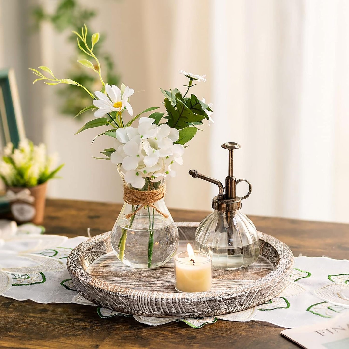 Romadedi Rustic Wooden Tray Candle Holder - Small Decorative Plate Pillar Candle Tray Wood for Farmhouse Dinning Table Kitchen Countertop Coffee Table Organizer Home Decor, Washedwhite,11inch