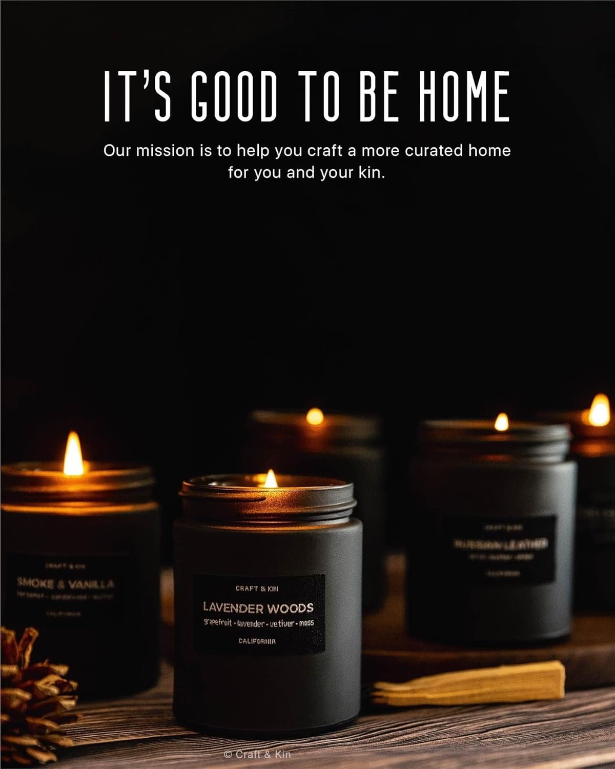 Craft & Kin Scented Black Candles for Men | Fathers Day Gift for Dad | Premium Smoke & Vanilla Spring Scented Candles | Long Lasting with 45 Hour Burn Time, 7.6oz