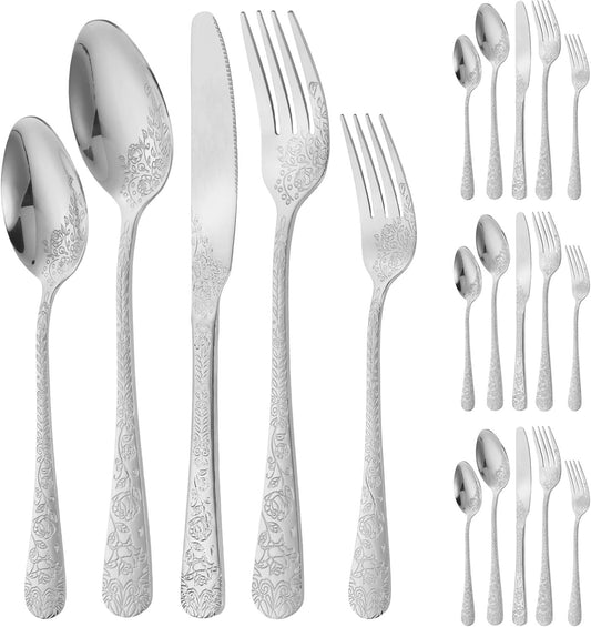 20 Pcs Floral Silverware Set Including Fork Spoon and Knife, Stainless Steel Flatware, Vintage Cutlery, Mirror Polished Utensil Set for Kitchen Dishwasher Safe Service for 4(Silver)