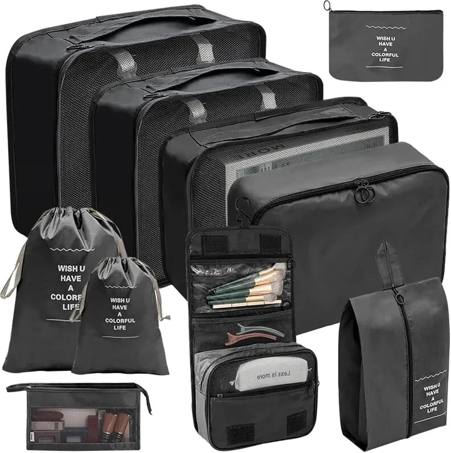 Janmobrian Organizer Valigia,Packing Cubes 7/10 PCS Set Travel Organizer Storage Bags Suitcase Packing Cubes Cases Portable Wardrobe Luggage Clothes Shoe Pouch Fold(7pcs Black)