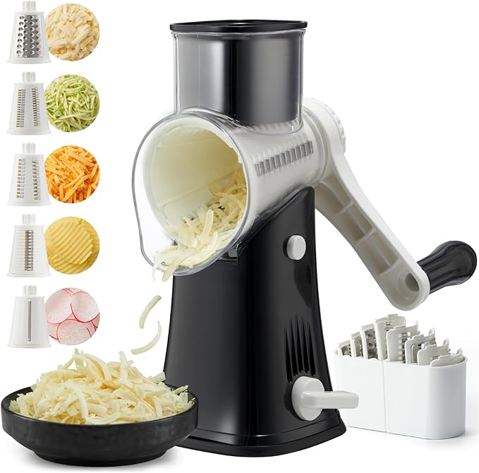Rotary Cheese Grater Hand Crank, 5-in-1 Rotary Cheese Grater, Stronger Suction, Easy to Clean Grater for Fruit, Vegetables, Nuts, Black