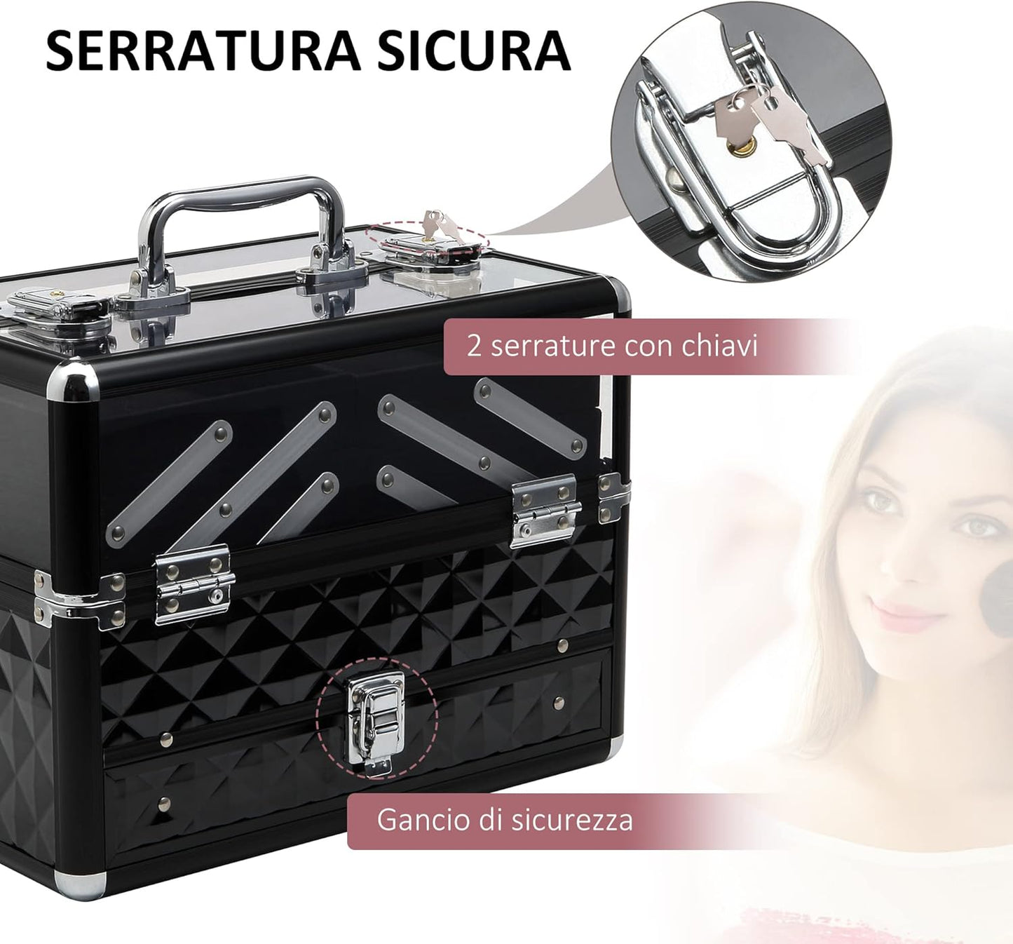 HOMCOM Professional Travel Makeup Case, Makeup Case with Removable Trays and Lock, for Women's Travel Makeup Beauty Case, 30 x 18.5 x 22 cm, Black
