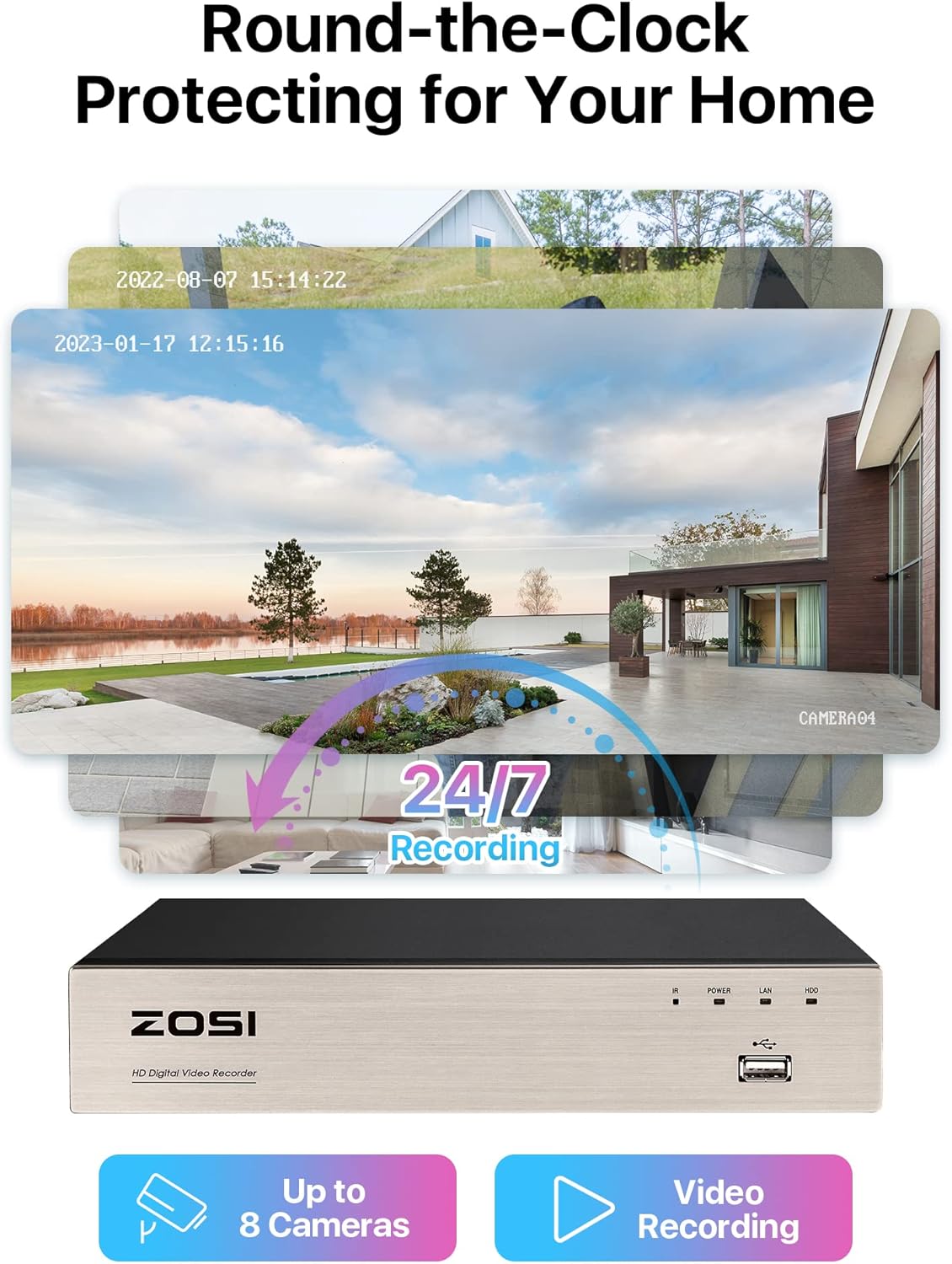 ZOSI 1080P Video Surveillance Kit, 8CH H.265+ DVR with 4X Outdoor Surveillance Cameras, 24 IR LEDs Night Vision, Motion Detection, Email Alert, IP66 Waterproof, No HDD, White