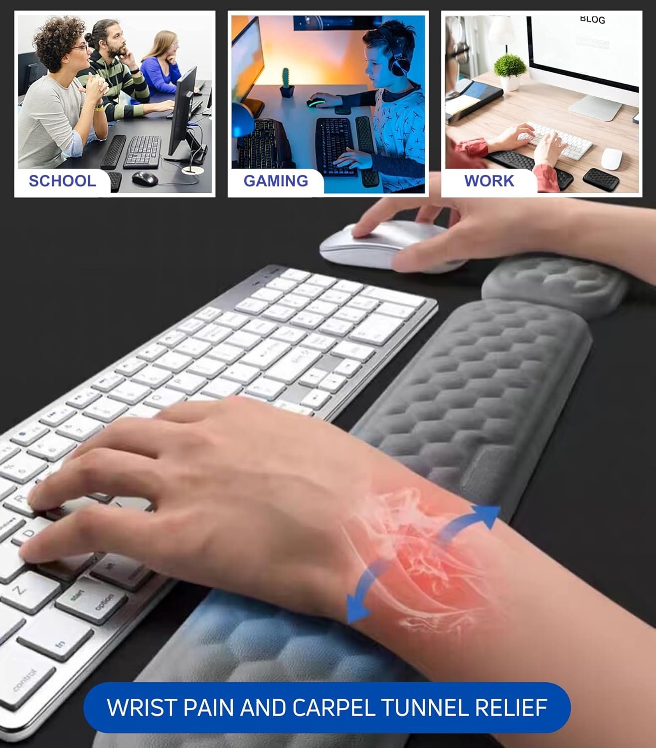 Wrist Rest Combo, Ergonomic Memory Foam Wrist Support Pads, PU Leather Surface, Non Slip Base, Palm and Hand Soft Cushion Support (Black)