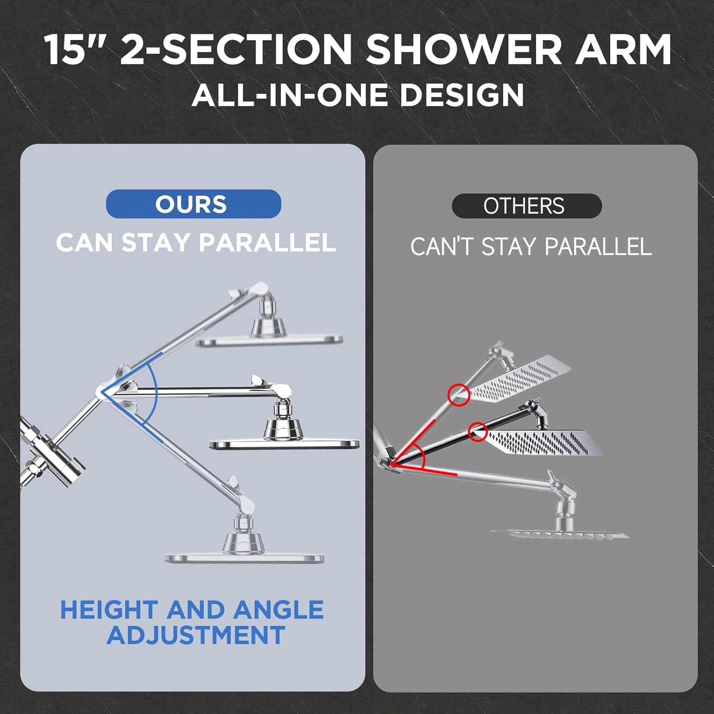 Veken Wide Rain Shower Head with 6 Modes Handheld Water Spray,High Pressure Showerhead Combo with Arm for Bathroom Accessories,Home Decor Adjustable Dual Shower with Anti-Clog Nozzles,Silver Chrome