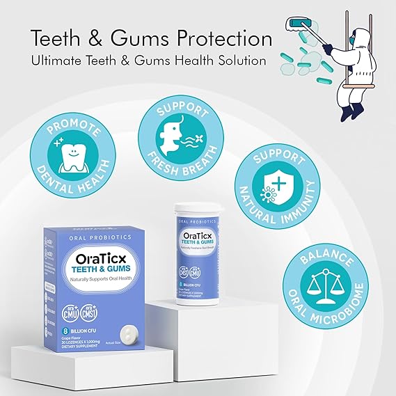 Teeth & Gums Dental Probiotic, 8 Billion CFU - Naturally Supports Oral Health, Fresh Breath, and Immunity, Oral Probiotic Supplement, Grape Flavor 30 Lozenges 1-PK