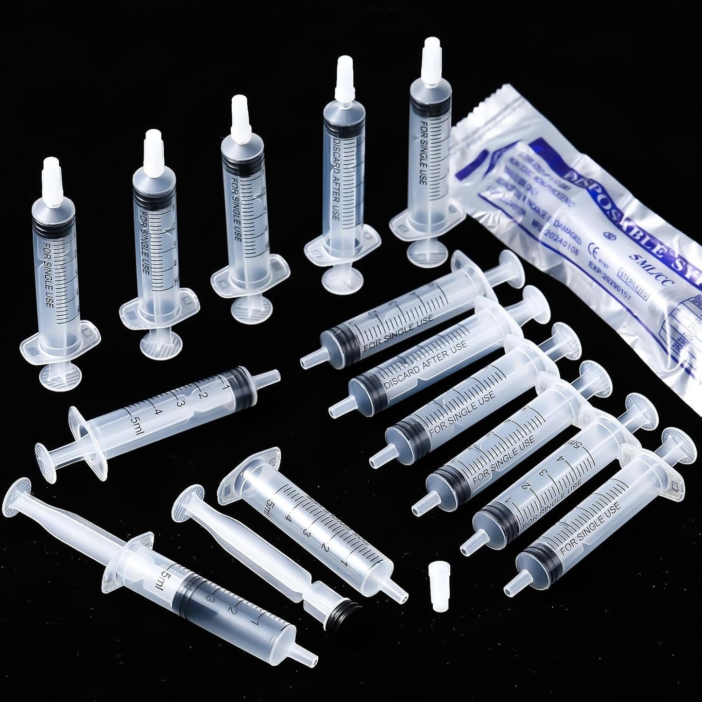 Guiqulai 24 Pack 5ML Plastic Syringes Without Needle Individual Wrap Disposable Syringes with Cap for Scientific Lab Watering Glue Applicator Measuring Liquids Feeding Pets DIY Crafts