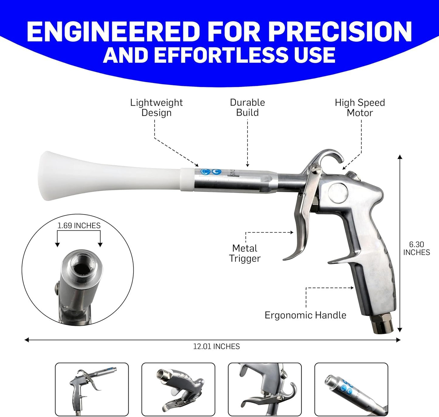 LE LEMATEC Air Blow Gun for Air Compressor - 4000 RPM, Compact & Lightweight, Low Noise - Ideal for Car Detailing and Cleaning Upholstery, Carpets, Furniture