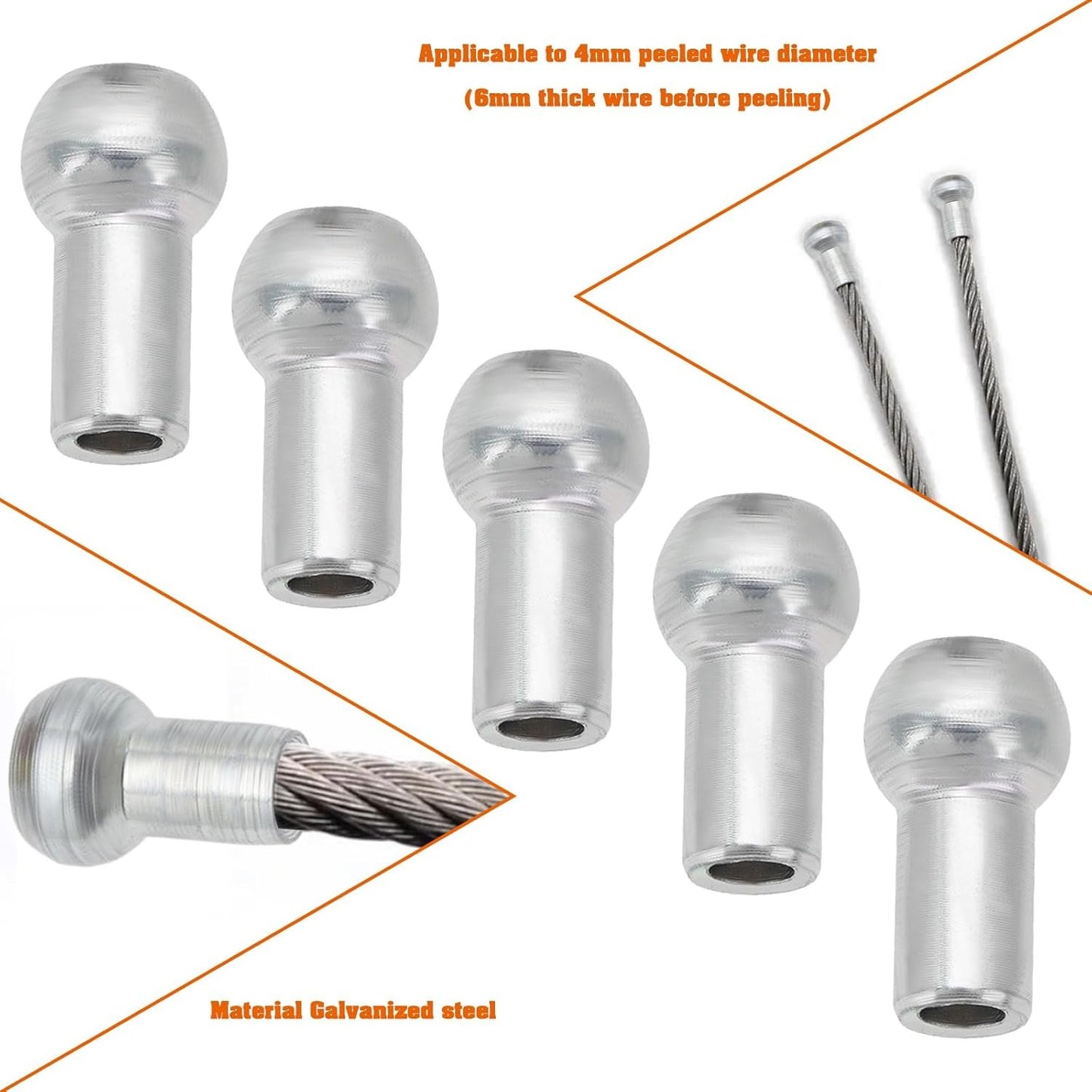YINETTECH 5PCS 11mm Ball End Cable Stopper 4.5mm Bore Zinc-Plated Steel Wire Compatible with 6mm Wire Rope Cable for Home Gym Machine Accessories