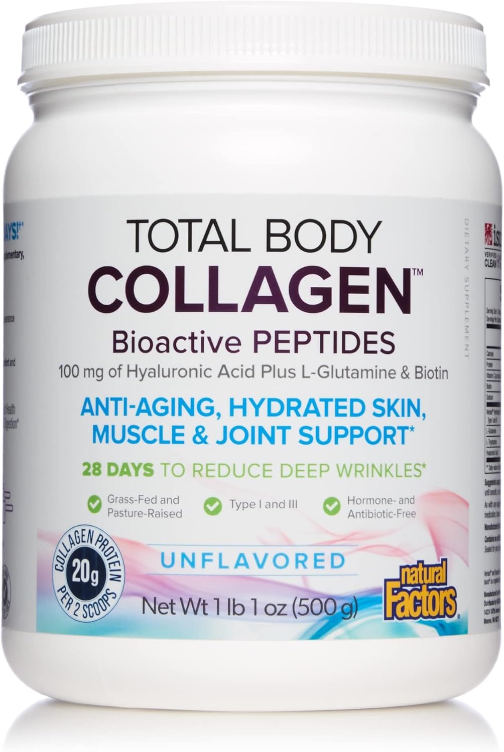 Natural Factors - Total Body Collagen Bioactive Peptides Unflavoured, 500g Powder - Complete Amino Acid Supplement with Hyaluronic Acid, Glutamine and Biotin - Hydrated Skin, Muscle & Joint Recovery