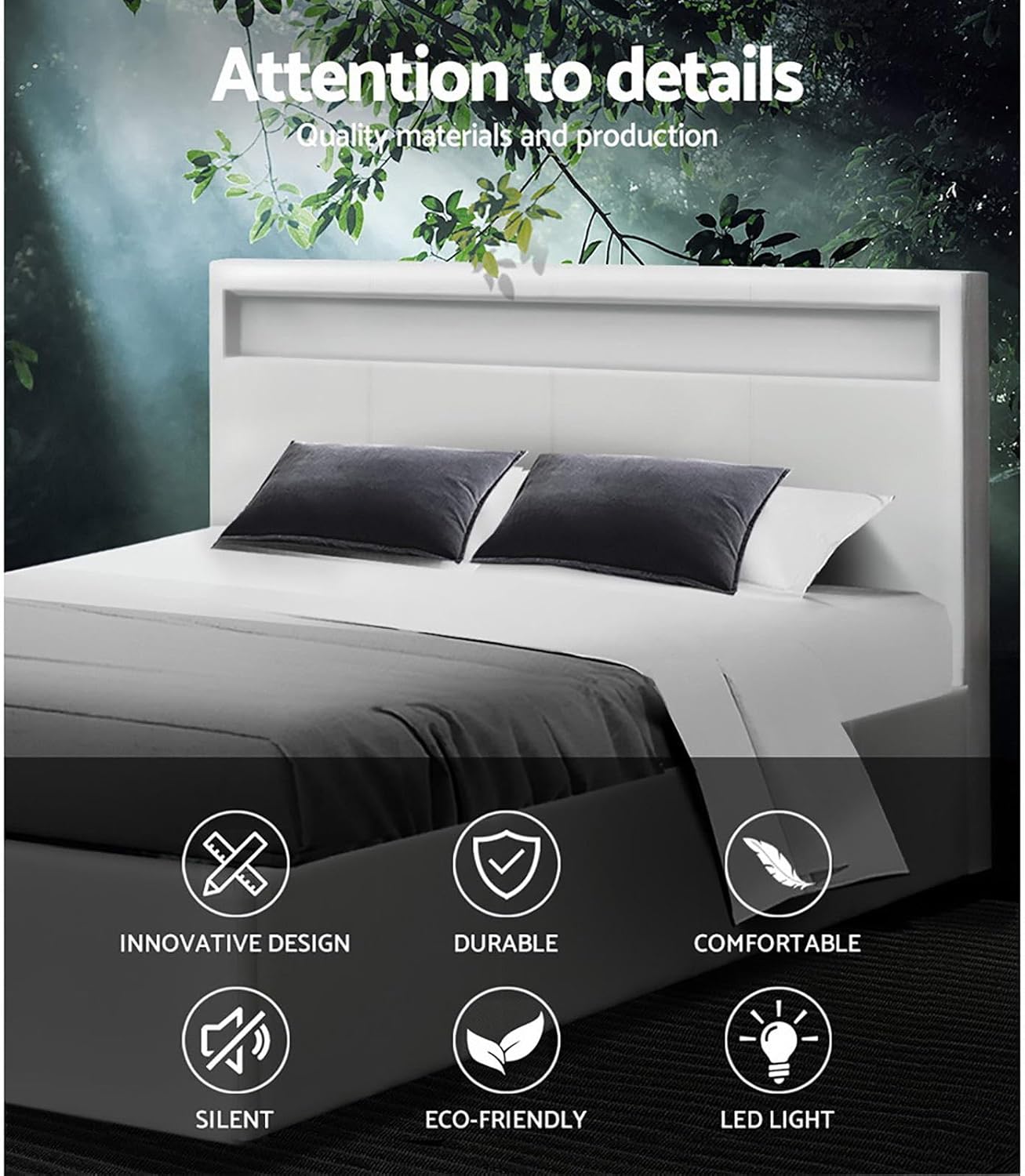 Artiss Double Bed Frame Platform RGB LED Headboard Gas Lift Beds Base with Storage Frames Space Bedroom Room Decor Home Furniture, Upholstered with White PVC Leather + Foam + Wood, Modern Design