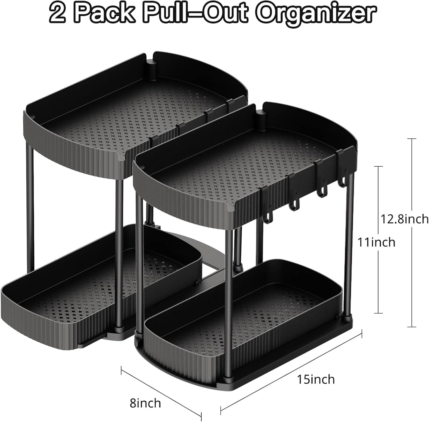 2 Pack Multi-Purpose Pull-Out Storage Organizers, Under Sink Organizers and Storage for Bathroom & Kitchen, Under Cabinet Organizers and storage, 12.8 Inch, Black
