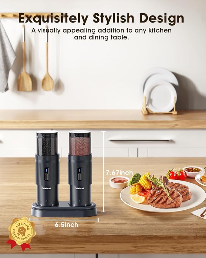 Upgraded Larger Capacity Electric Salt and Pepper Grinder Set, Rechargeable Salt and Pepper Grinder Set with a Brilliant Charge Base, Adjustable Coarseness, Efficient Kitchen Gadgets, Iron Gray