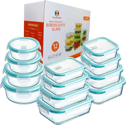 24 Pcs 12 Pack Glass Food Storage Lunch Containers Airtight Lids With Steam Vents. BPA Free Meal Prep Containers. Safe For Microwave, Dishwasher, Oven & Freezer Pantry Kitchen Storage & Organisation