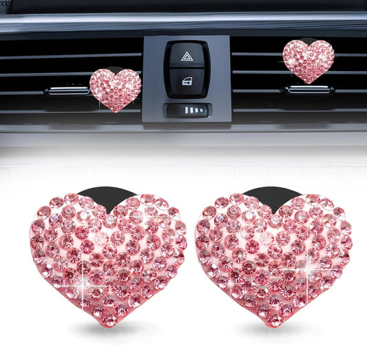 2Pcs Bling Crystal Heart Charms Car Air Vent Clips, Conditioning Outlet Decorative Accessories Universal for Women and Men (Pink)