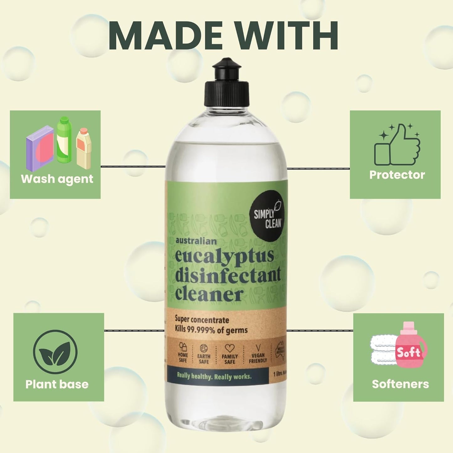SimplyClean Eucalyptus Disinfectant Concentrated Cleaner - Natural Multi-Surface Cleaner with Pure Australian Eucalyptus Essential Oil - Makes 40 Litres - 1 Litre