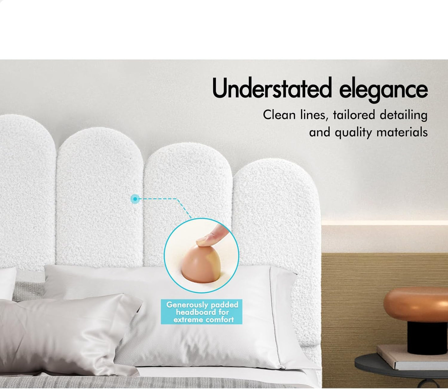 ALFORDSON Bed Frame Base Double Size with Boucle Fabric Upholstery, Bed Platform Foundation with Headboard for Mattress Topper, Tania Boucle White