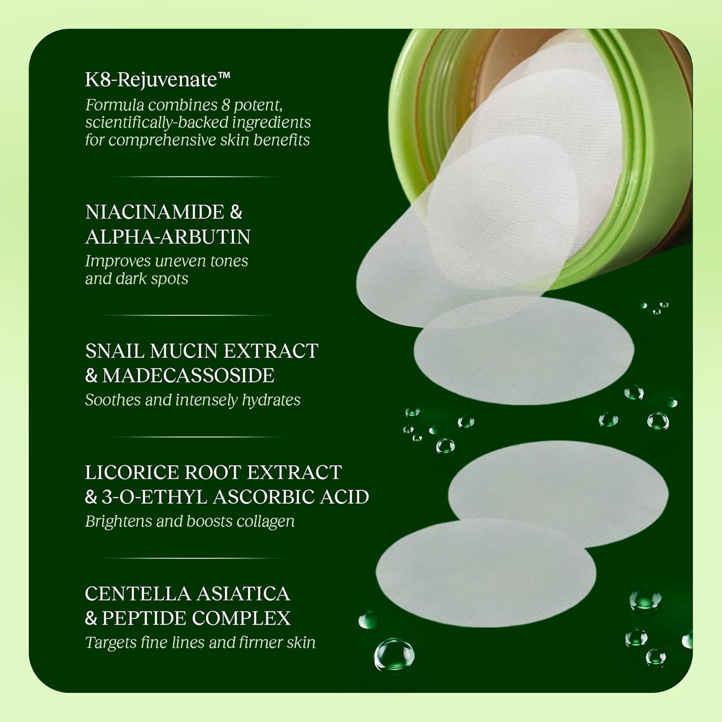 Korean Skincare Anti-Aging, Dark Spot & Wrinkle Minimizing Toner Pads - Hydrating with Snail Mucin, Centella Asiatica, Niacinamide, Peptides - for Polished & Youthful Skin - 100 Count