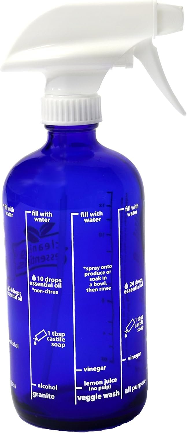 New Recipes 16 oz. Blue Glass Spray Bottle for DIY Cleaning with Essential Oils; 5 Non-Toxic, All-Natural Homemade Cleaning Recipes Printed Right on The Side. Durability Guaranteed. Made in USA.