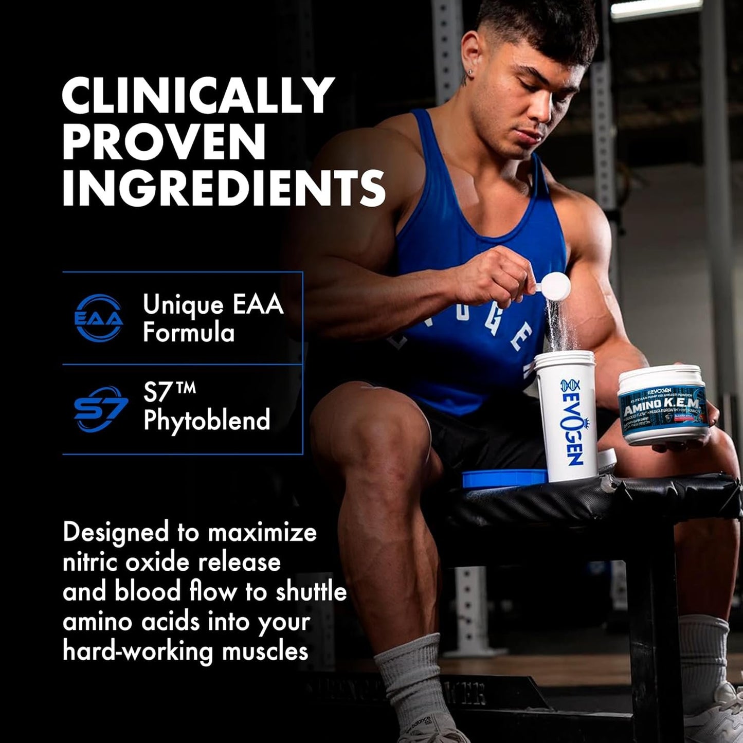 Evogen Amino KEM - Elite EAA Pump Volumizer | Supports Blood Flow, Muscle Growth, Hydration | Full Spectrum EAAs & BCAAs, S7 Nitric Oxide Blend | Blueberry Apple | 30 Servings
