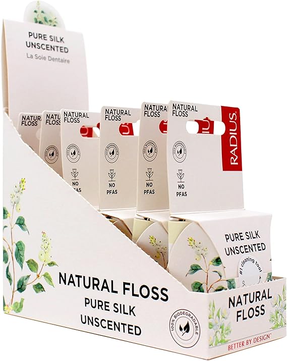 RADIUS Dental Floss, Natural Floss, Unscented Silk, 33 Yards, Compostable & Non-Toxic Oral Care Designed to Help Fight Plaque, Pack of 6
