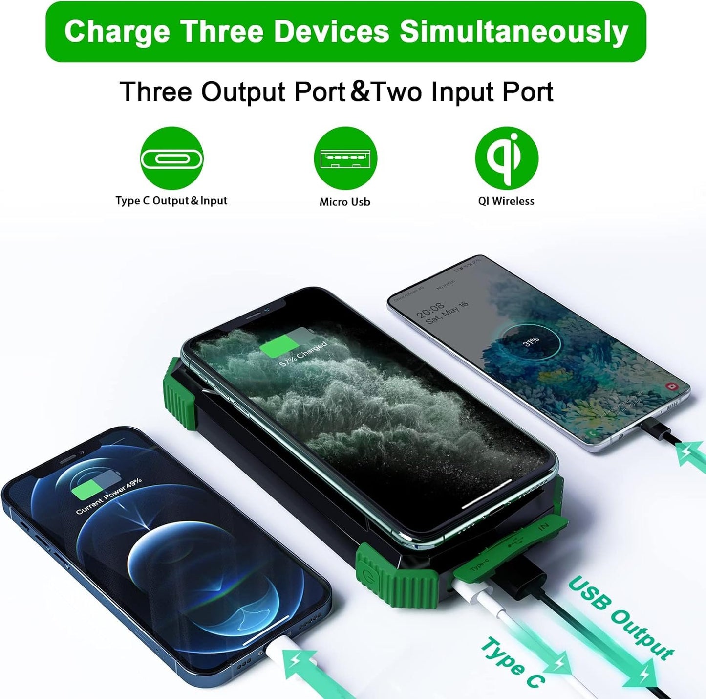 Solar Power Bank, Solar Charger 10000mAh QI Wireless Charger Portable External Battery Pack, Solar Panel Charging with Compass Dual Flashlight Outdoor Camping(Green)