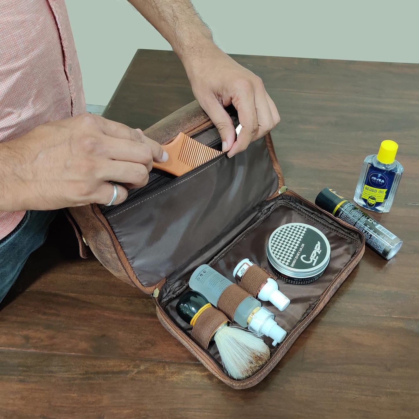Leather Toiletry Bag for Men - Travel Shaving Dopp Kit - Bathroom Hygiene Toiletries Organizer - Cosmetic Makeup Bag for Women