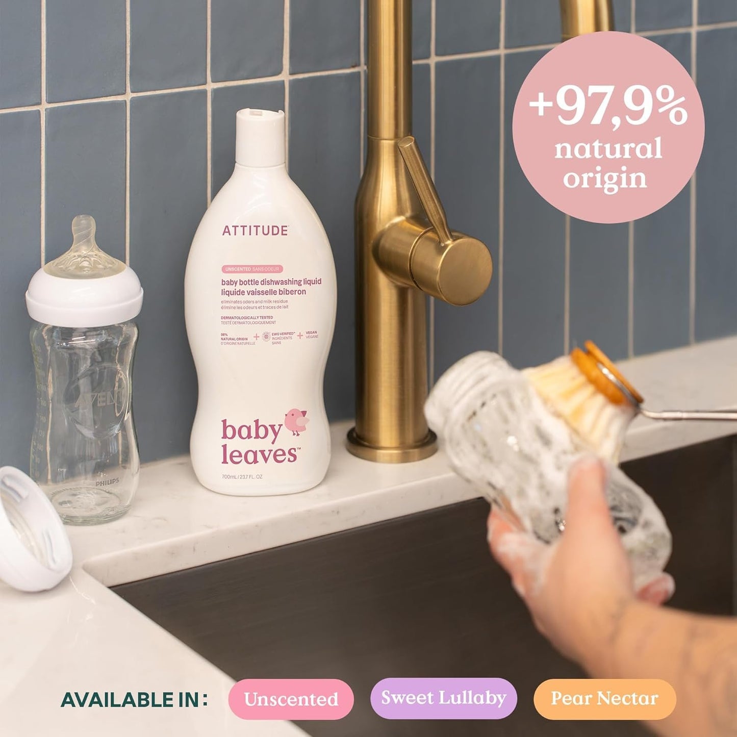 ATTITUDE Baby Dish Soap and Bottle Cleaner, Made in Canada, EWG Verified Dishwashing Liquid, No Added Dyes or Fragrances, Tough on Milk Residue and Grease, Vegan, Unscented, 700 mL