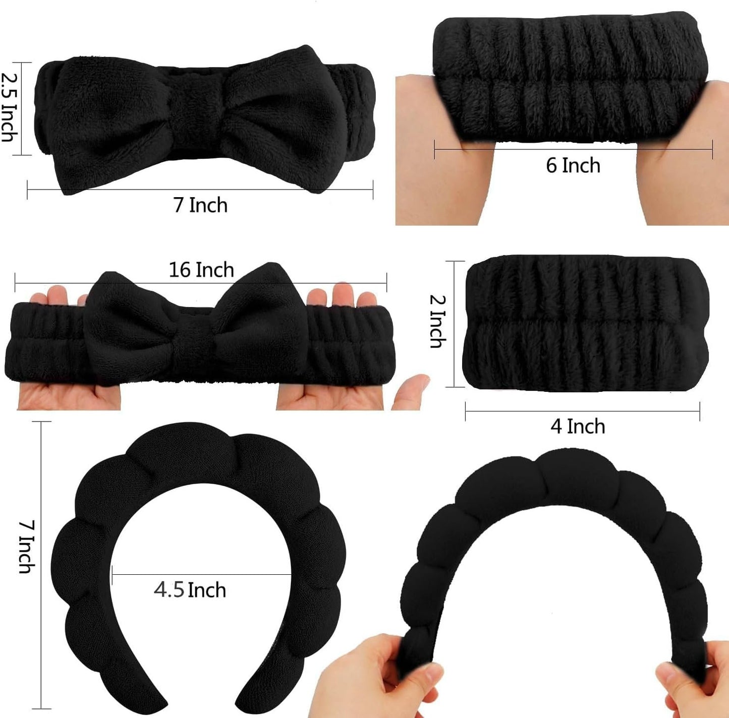 Spa Headbands for Washing Face, 4Pcs Headband for Women Makeup, Skincare Headbands Remover Spa Headband Bow Tie Headband Wristband Set Hair Accessories(Black)