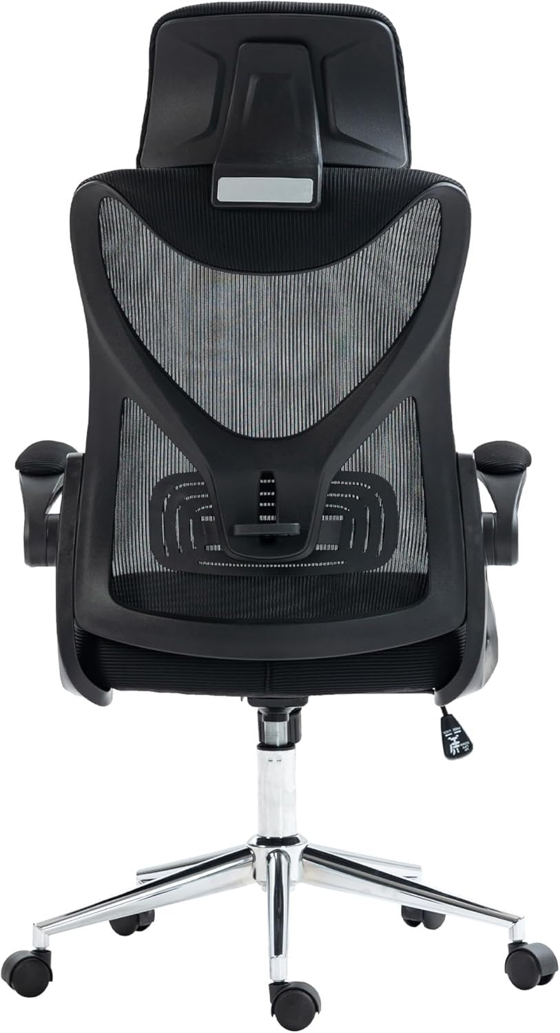 Techni Mobili Essential Ergonomic with Lumbar Support & Adjustable Headrest – Breathable Mesh Flip-Up Armrests, Durable Chrome Base Office Chair, Black