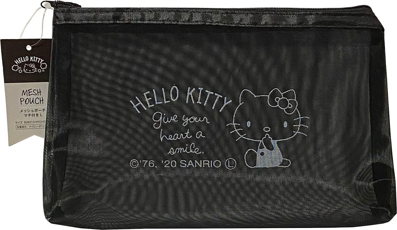 Sanrio Hello Kitty Accessories Cosmetic Mesh Nylon Polyester Pouch Zipper Case Bag with Gusset 21.5×13×3.5cm (Simple), Black