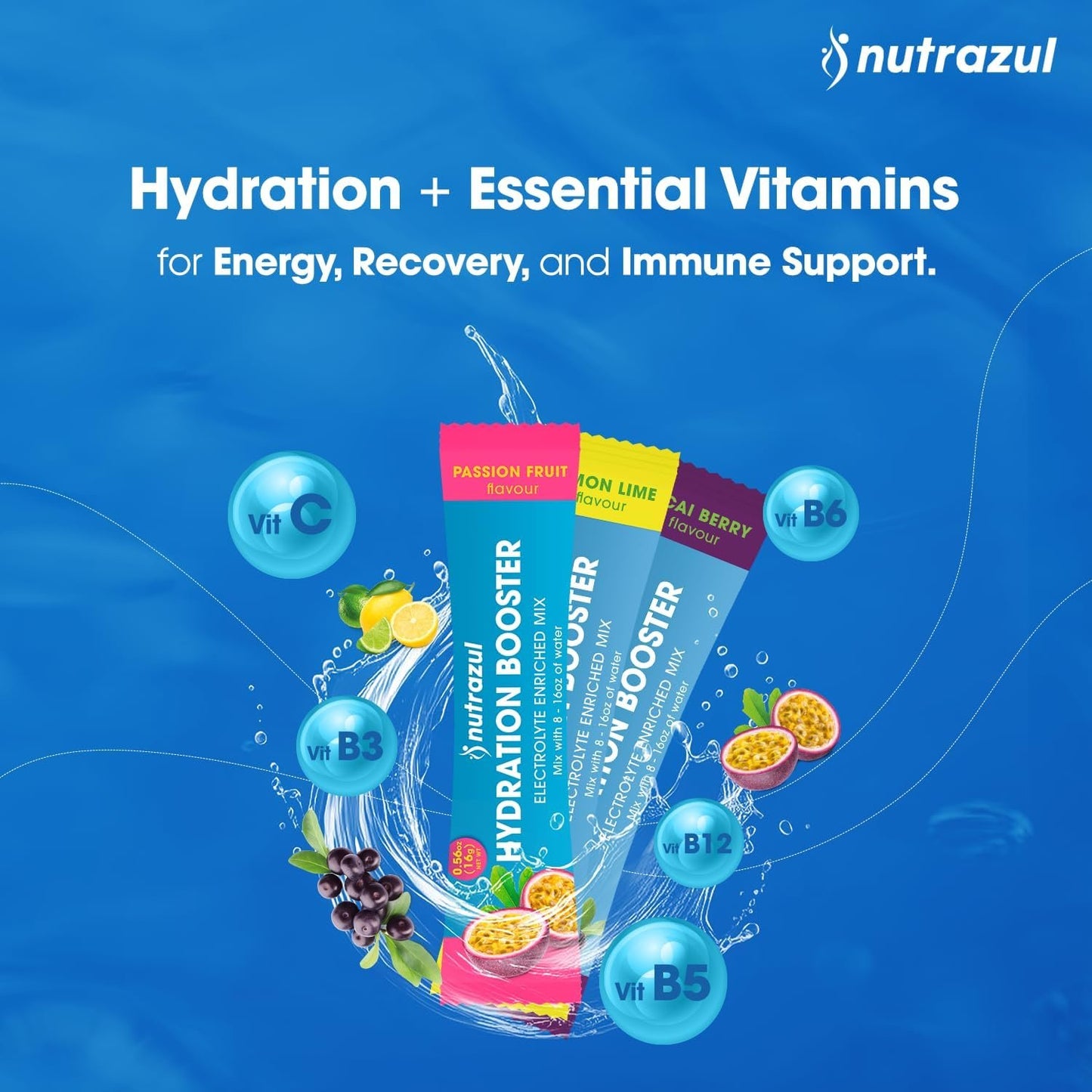 Nutrazul Hydration Booster | Supports Rapid Hydration | Electrolyte Enriched Mix | No Artificial Sweeteners | Passion Fruit Flavour| Vegan, Gluten-Free, Non-GMO | 30 Sticks