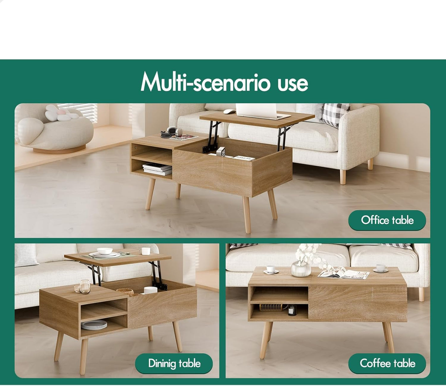 ALFORDSON Lift Tabletop Coffee Table Center Table Wood Color, Living Room Office Reception Dining Table with Rising Top, Hidden Storage and Side Open Shelves