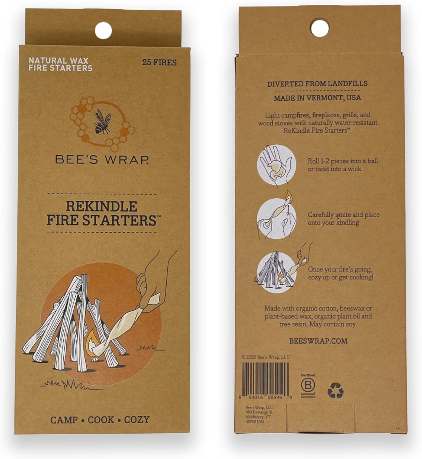 Bee's Wrap ReKindle Natural Fire Starters - Made in USA Fire Starter from Organic Beeswax Wraps for Food - Safe for Indoor/Outdoor Use, Camping Supplies - Natural Firestarter Starts 25 Fires
