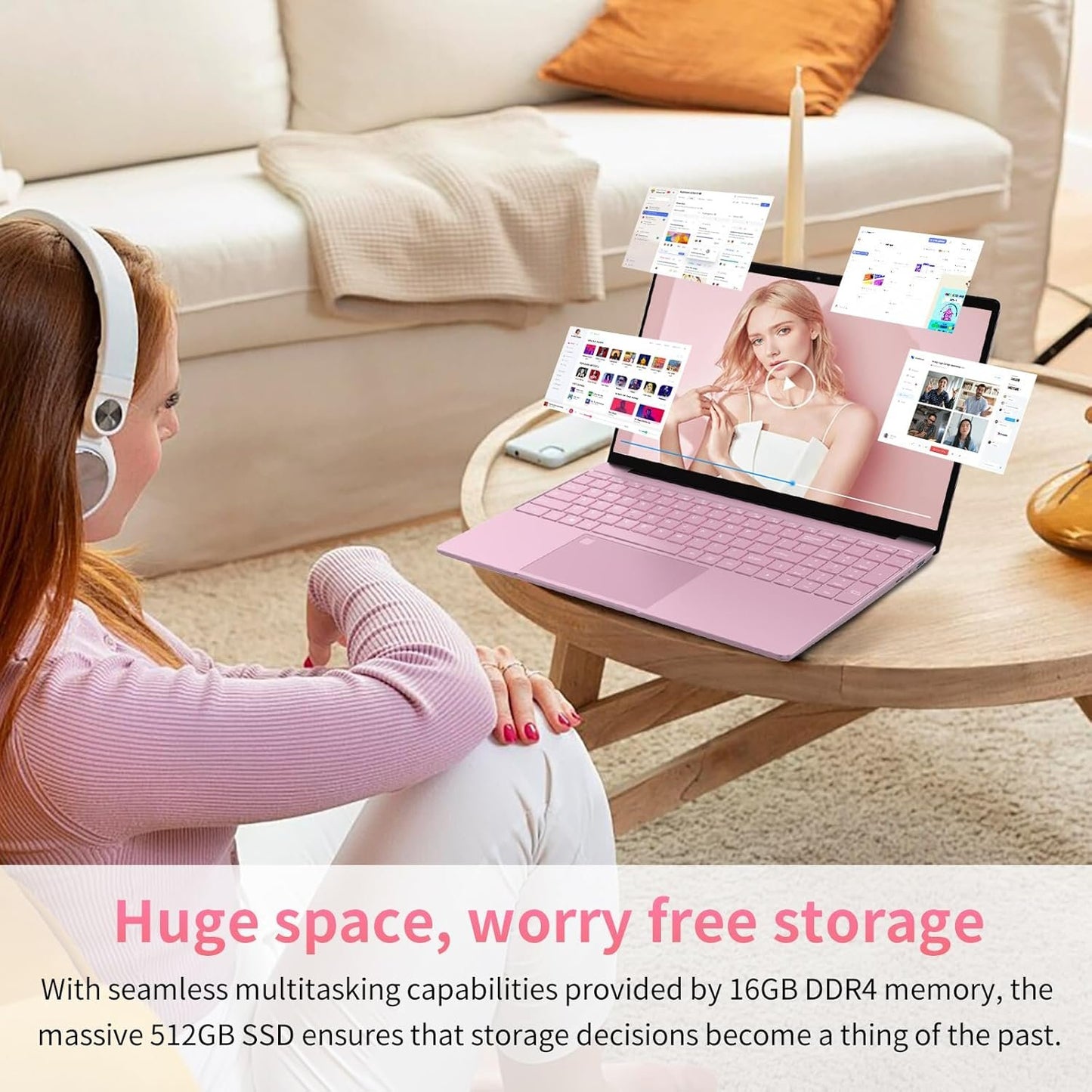 Auusda 15.6 Inch Full HD Laptop, 32GB DDR4 RAM 1TB SSD, N95 Up to 3.4GHz with Fingerprint Unlock Notebook, Cooling Fan, Webcam, Dual Speakers, Mini HDMI, Student/Business Laptop - Pink