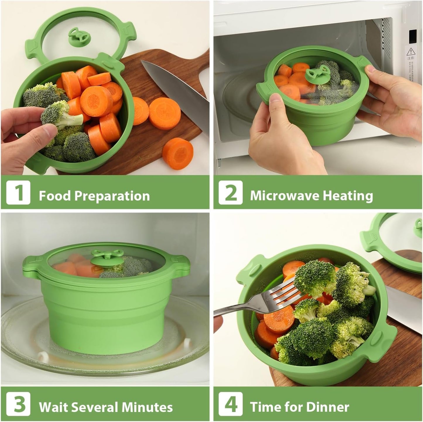 Collapsible Silicone Microwave Cookware Cooker Steamer for Cooking with Lids, 0.8L Glass Food Storage Container Sealed Bowl Mixing Bowls 2pc Set BPA Free