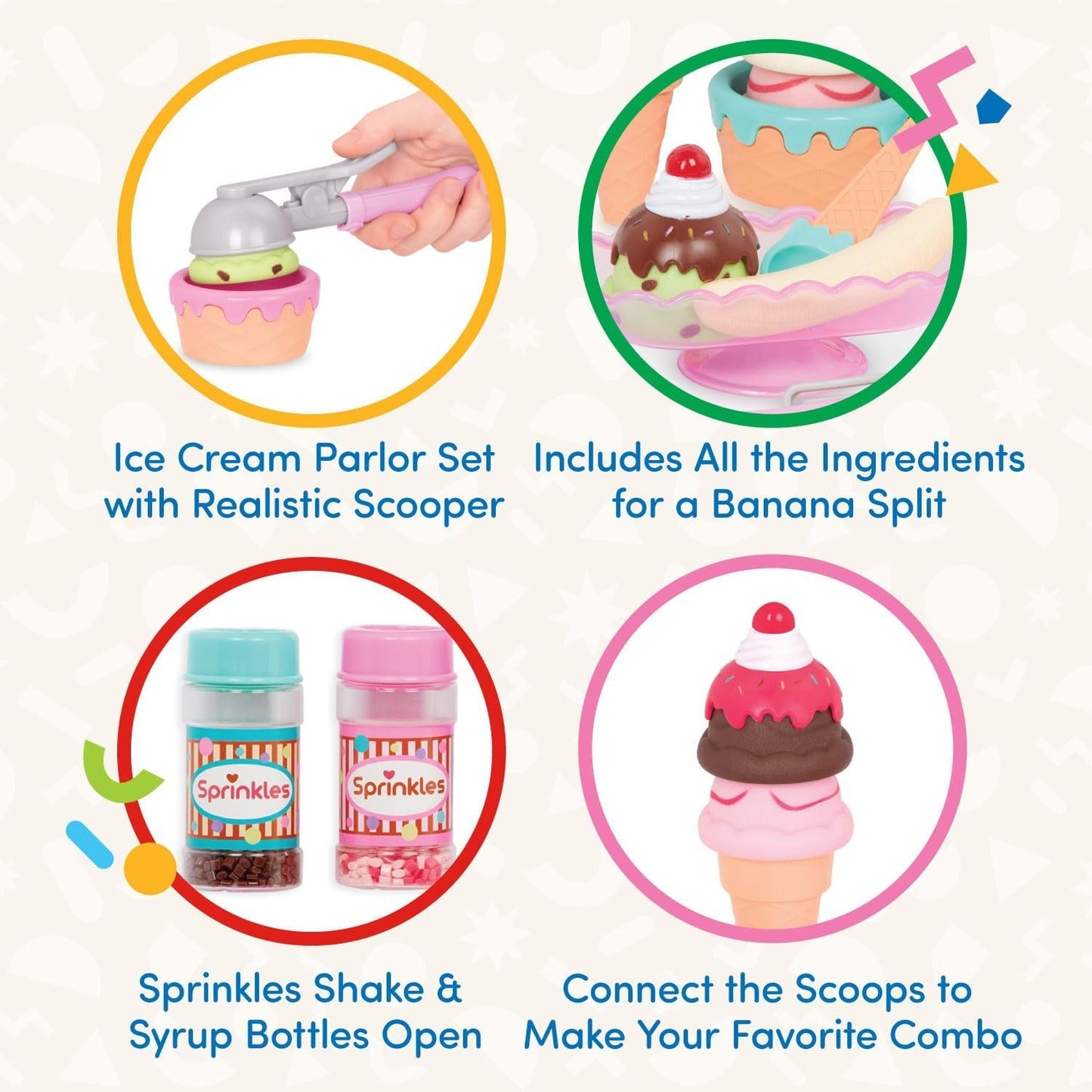Play Circle by Battat – Sweet Treats Ice Cream Parlour Playset – Sprinkles, Cones, Spoons, Cups - Pretend Play Food Decorating Kit – Toy Frozen Dessert and Accessories for Kids 3 and Up (21 Pieces)