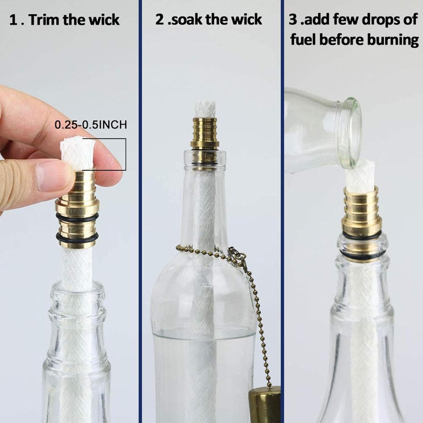 Brass Torch Wick Kit – Oil Lamp Replacement Set with 8 Long-Lasting Wicks, Copper Cap & Brass Mount | Wine Bottle Torch Hardware for Patio, Garden, Tabletop Lighting and Outdoor Ambience