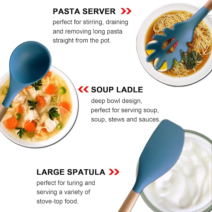 Silicone Cooking Utensils Set 6Pcs Heat Resistant Silicone Kitchen Utensils Set for Cooking Spatula Spoon Turner Ladle w Wooden Handle, BPA FREE Kitchen Gadgets for Nonstick Cookware & Baking