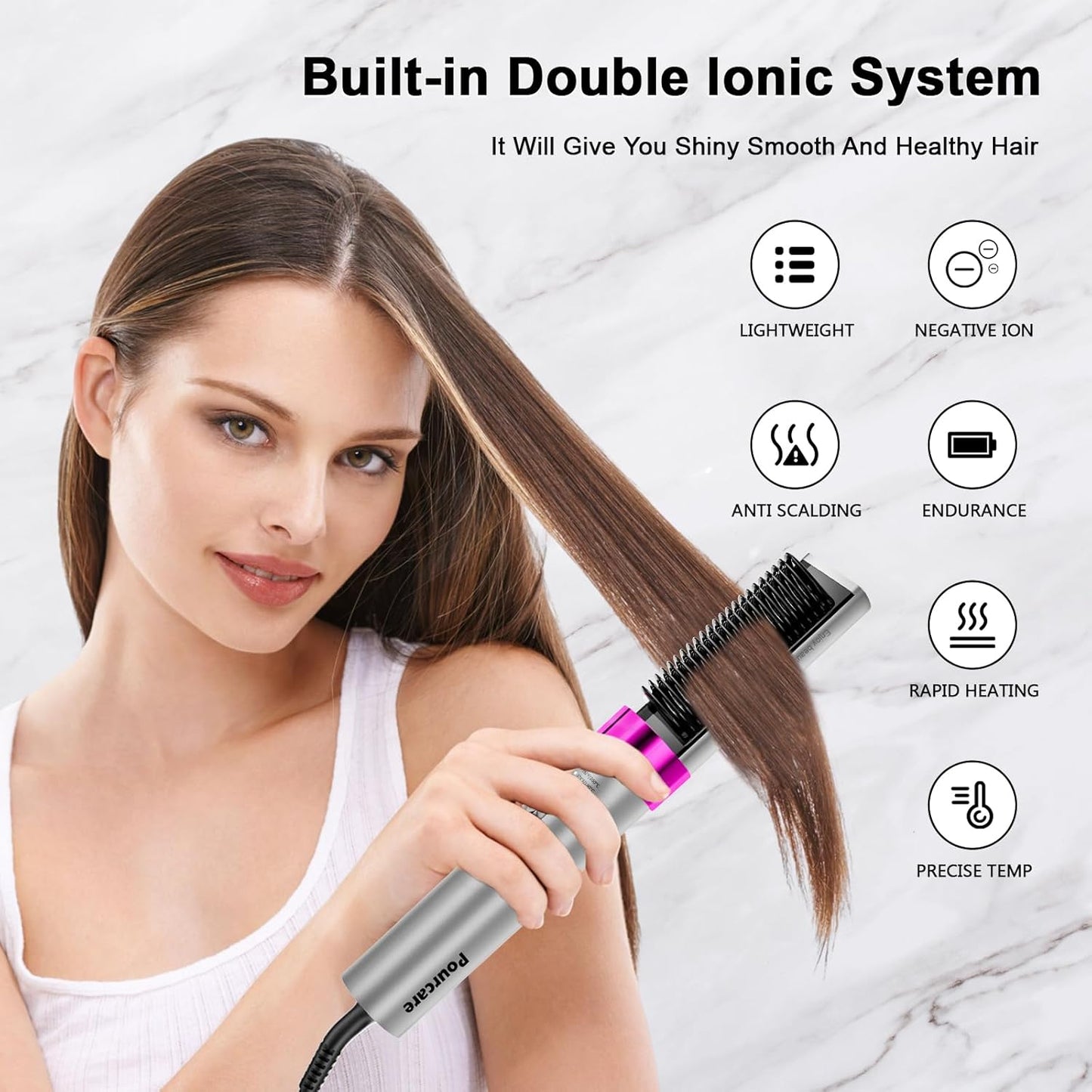 Hair Straightener Brush Negative Ionic,Lightweight Straightening Hot Comb Curler 5 Temps Settings 320°F to 392°F 20s Fast Heating,Professional Styling Tools for Silky Smooth, Frizz-Free Hair