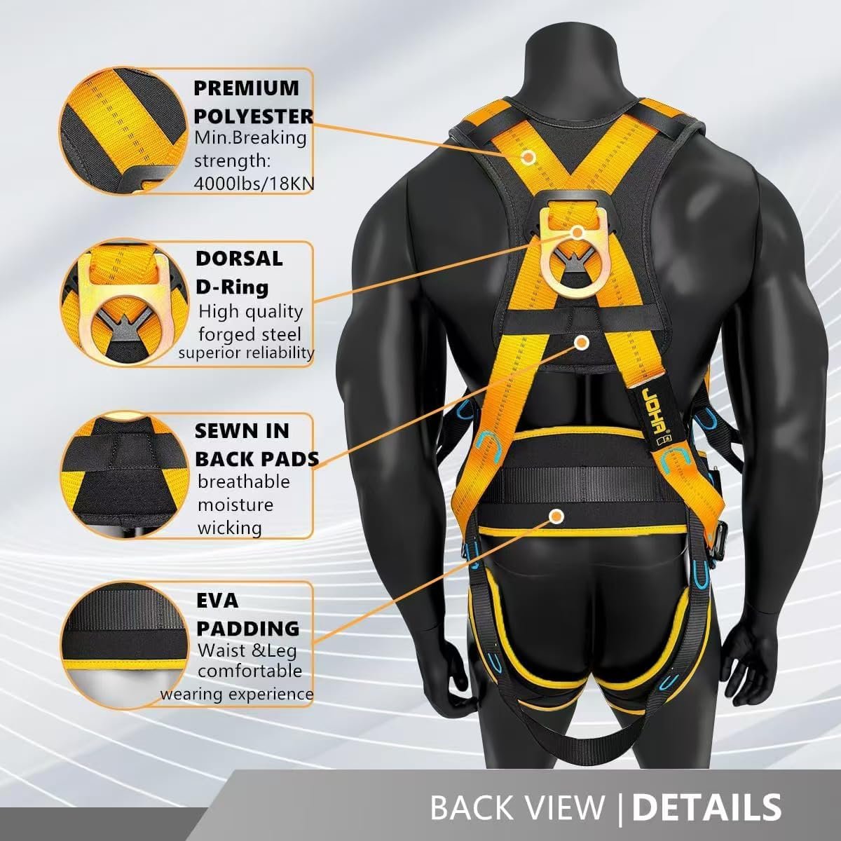Fall Protection Full Body Safety Harness, 6” Thick Back Support Belt,5 Heavy Duty D-rings, Quick Release (OSHA/ANSI)