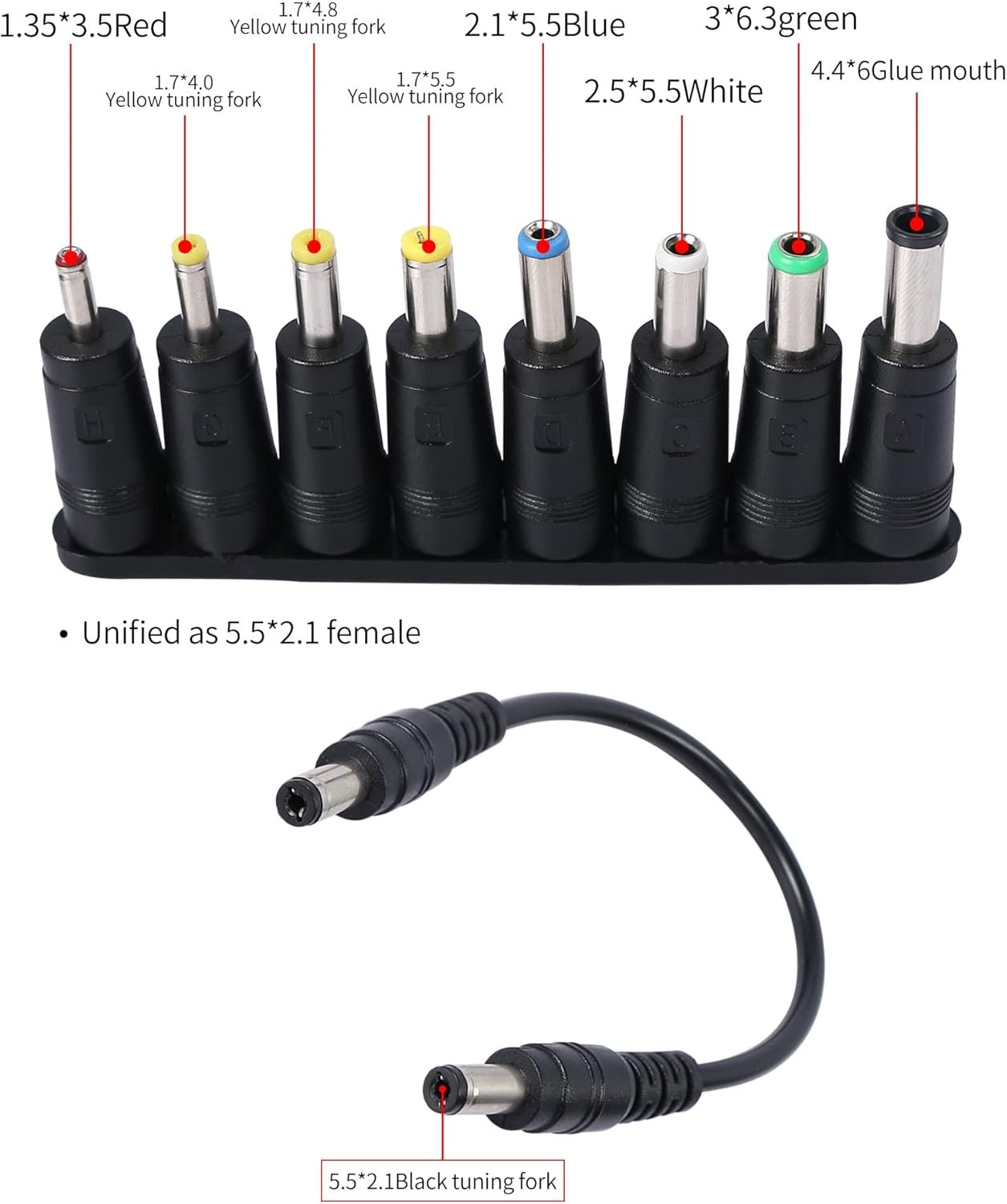 QIANRENON 8-in-1 Universal DC Power Adapter Converter Multi-Gauge DC Power Supply Plug 5.5mm x 2.1mm Female to Male Adapter with DC 5.5 x2.1mm Black Tuning Fork Cable (22cm)
