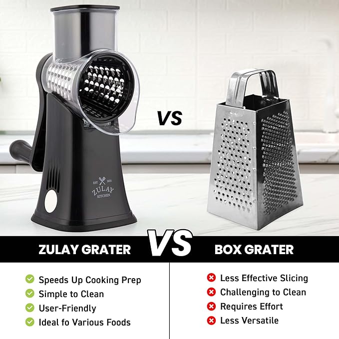 Zulay Kitchen Rotary Cheese Grater 5 Blade Cheese Shredder - Manual Hand Crank Cheese Grater With Reinforced Suction & 5 Interchangeable Drums - Easy to Use, Vegetable Chopper Round Mandoline Slicer