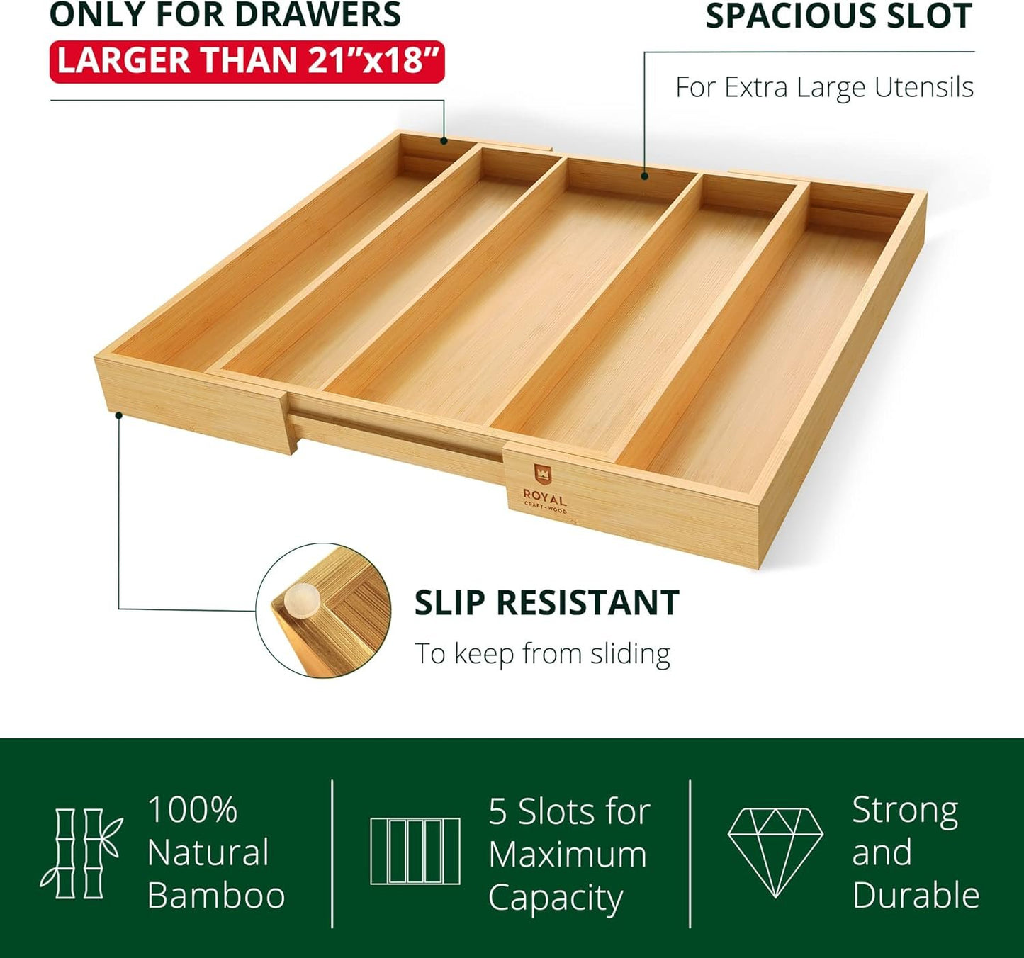 Bamboo Kitchen Drawer Organizer - Expandable Silverware Organizer/Utensil Holder and Cutlery Tray with Grooved Drawer Dividers for Flatware and Kitchen Utensils (Natural, 5 Slots)