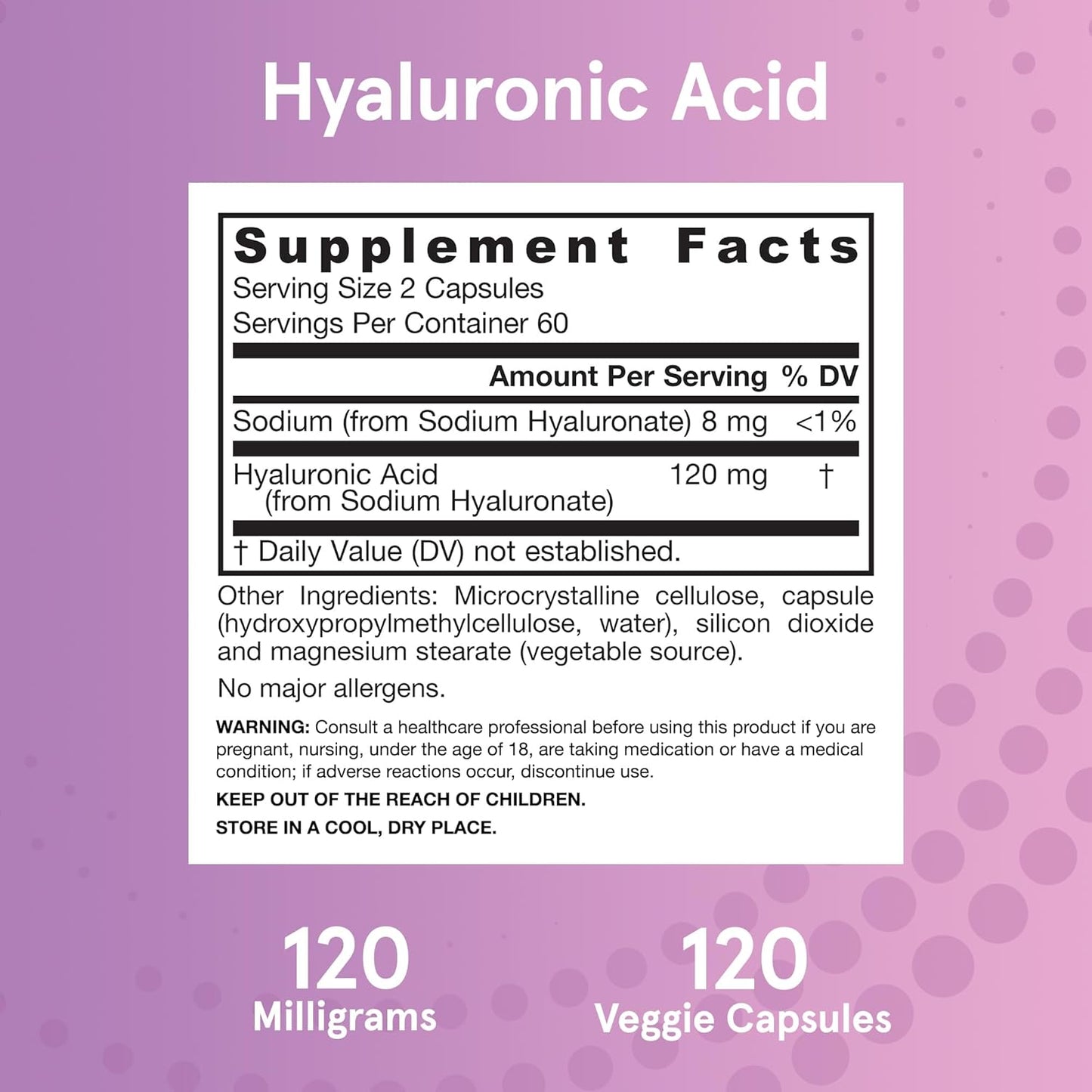 Jarrow Formulas Hyaluronic Acid, Skin Hydration, 120 Veggie Caps