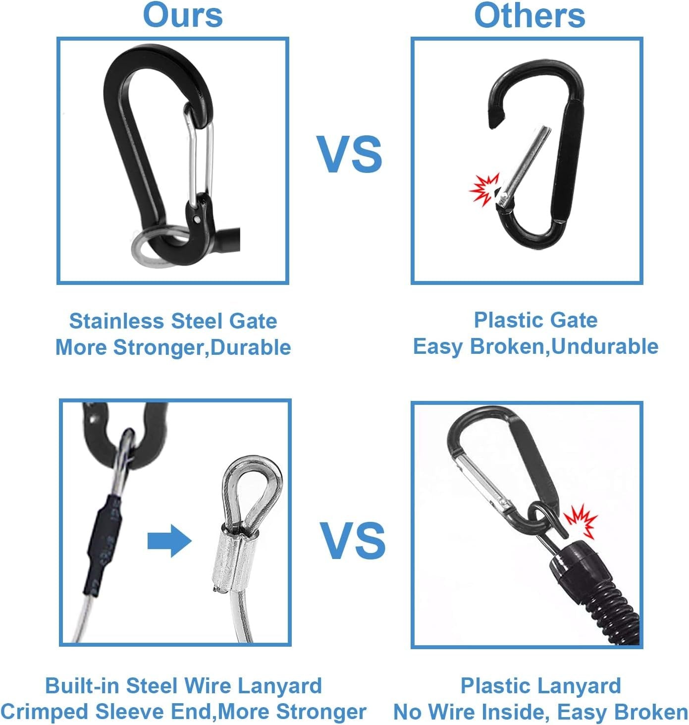 Lix&Rix Spiral Retractable Safety Coiled Lanyard with Stainless Steel Clip Keychain Ring Carabiner for Keys Fishing Tools,3pcs