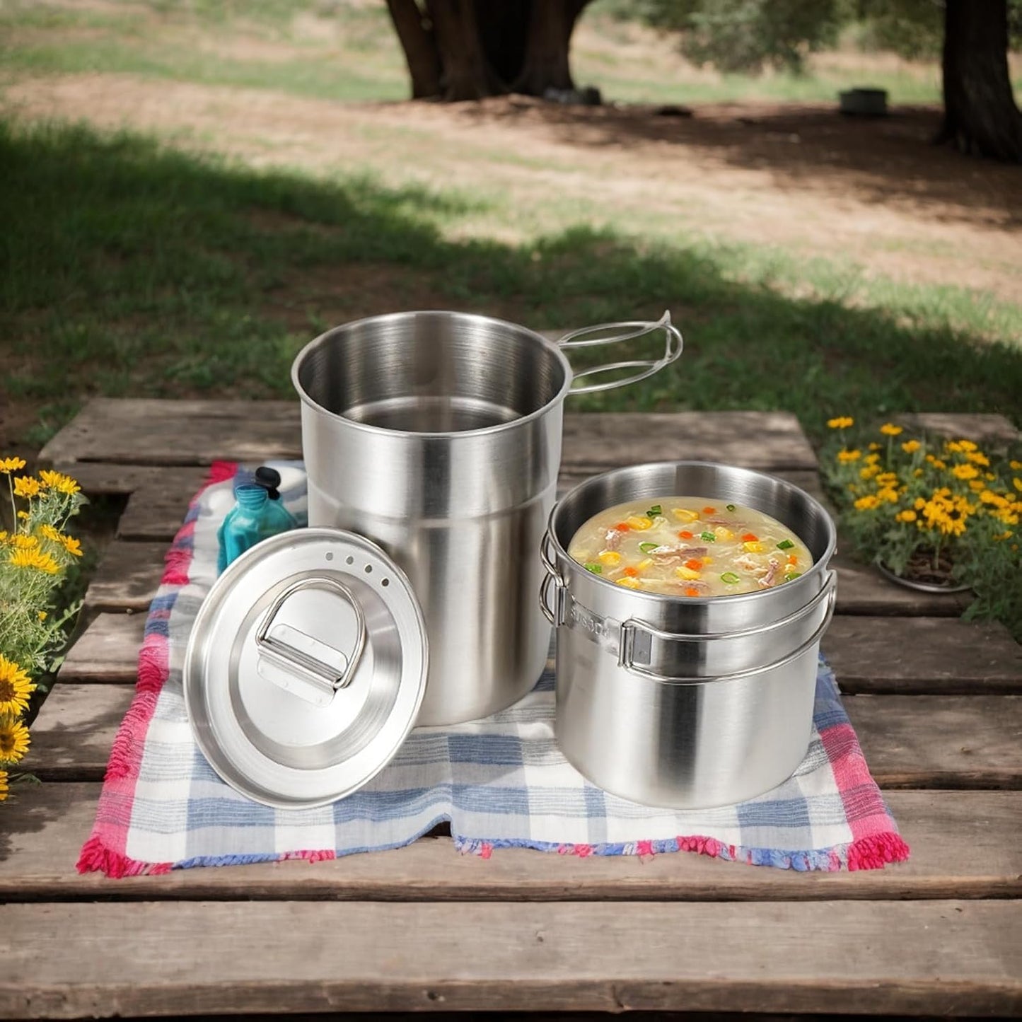 Camping Cook Set, Stainless Steel Cooking Set, Folding Gear, Compact Outdoor Cookware Kit for Hiking, Picnic, Fishing, Backpacking, Travel, Bushcraft, Car, RV, Beach, Home