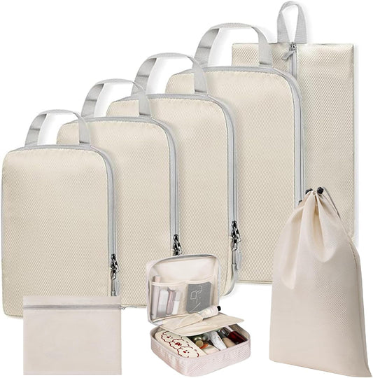 Compression Packing Cubes For Travel Set 8pcs Travel Packing Cubes Set Organisers Accessories Storage Bags Clothing Sorting Packages Expandable Bags for Luggage Suitcase-Beige