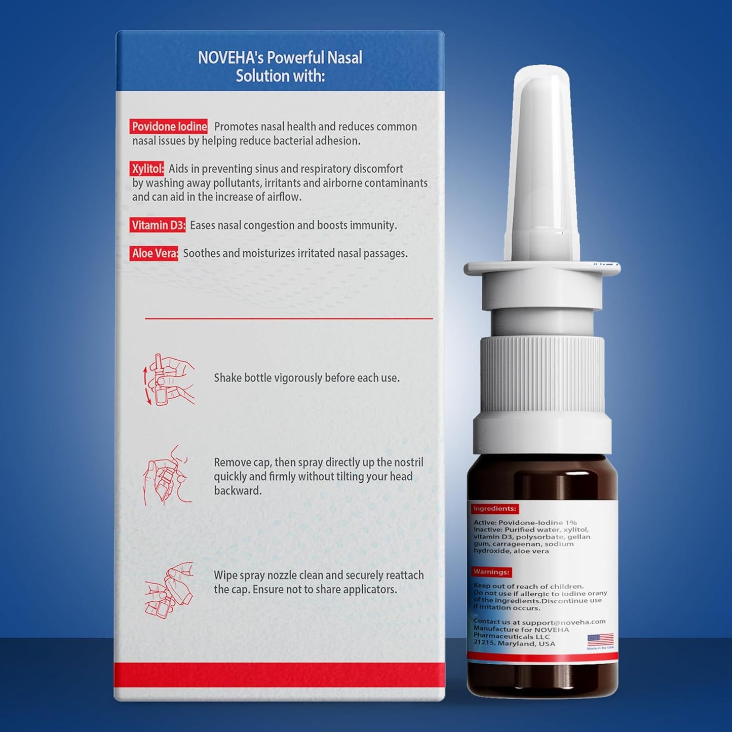 NOVEHA Nasal Spray- 1% Povidone-Iodine Spray, Vitamin D3, Aloe-Vera - Nasal Cleanser (30mL)