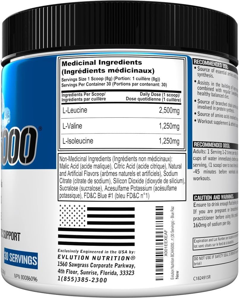 Evlution Nutrition BCAA5000 Powder - EVL BCAA Powder to Support Muscle Protein Synthesis & Building Lean Muscle - 5G BCAAs for Workout and Athletic Support - 30 Servings - Blue Raz